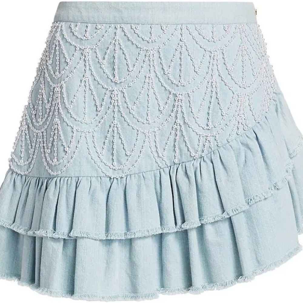 LoveShackFancy Ayana Embellished Denim Mini Skirt
